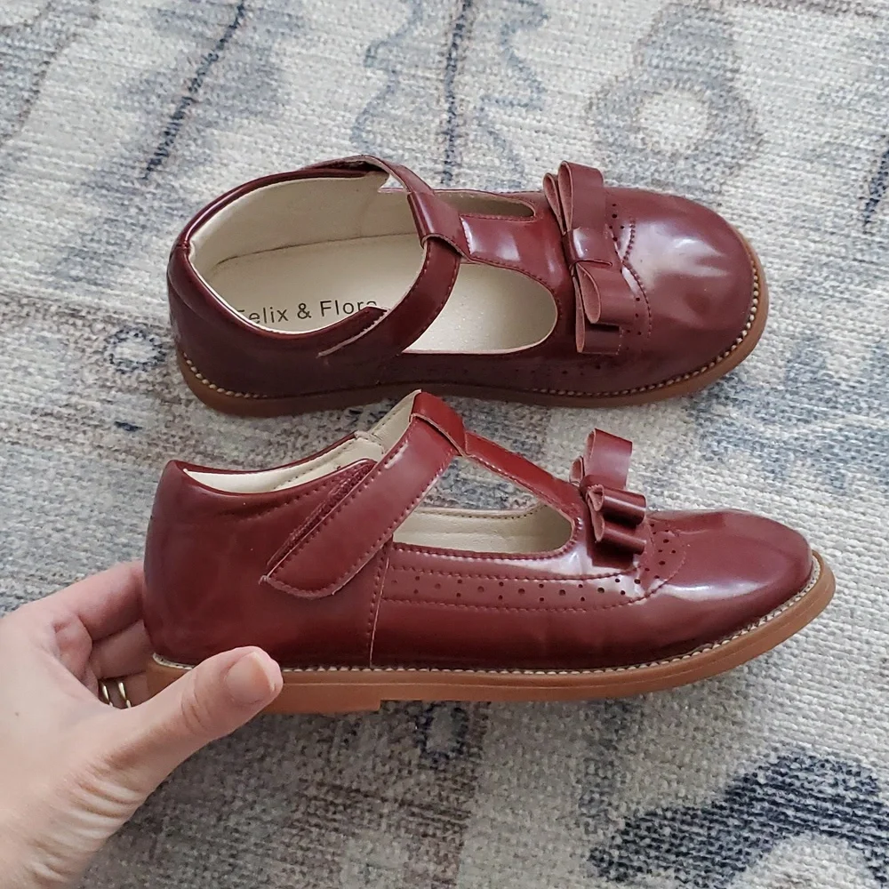 Felix & Flora Girls Patent Burgundy Mary Jane Bow Shoes Sz12